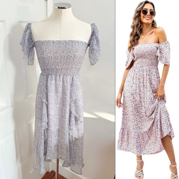 POL Ditsy Floral Smocked Off-Shoulder Midi Dress - Picture 1 of 4